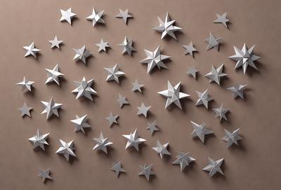 The primary subject of the image is a collection of silver stars arranged on a surface. The setting is a brown background, which contrasts with the silver stars. The visual style is a combination of digital art and illustration, creating a unique and eye-catching pattern. The colors are predominantly silver, giving the image a clean and modern appearance. The overall mood is one of creativity and artistic expression.